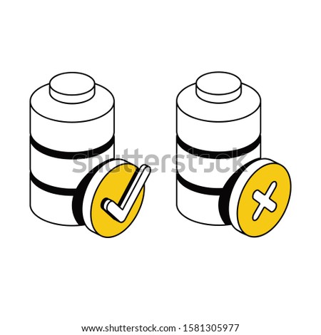 Battery checkmark cross. Vector line, 3d stroke isometric, color web icon, new flat style. Creative illustration design, abstract idea for infographics.