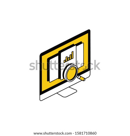 Monitor screen search analytics. Vector line, 3d stroke isometric, color web icon, new flat style. Creative illustration design, abstract idea for infographics.