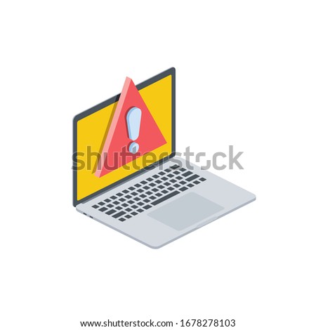 Laptop problem attention, exclamation mark. Vector 3d isometric, color web icon, new flat style. Creative illustration design, graphic idea for infographics.