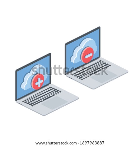 Laptop cloud plus minus or add delete. Vector 3d isometric, color web icon, new flat style. Creative illustration design, isolated graphic idea for infographics.