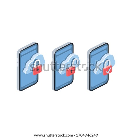 Smartphone cloud lock open check mark. Vector 3d isometric, color web icon, new flat style. Creative illustration design, isolated graphic idea for infographics.