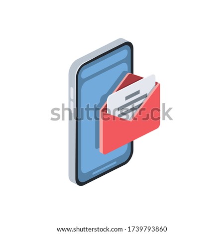 Mobile phone email. Vector 3d isometric, color web icon, new flat style. Creative illustration design, isolated graphic idea for infographics.