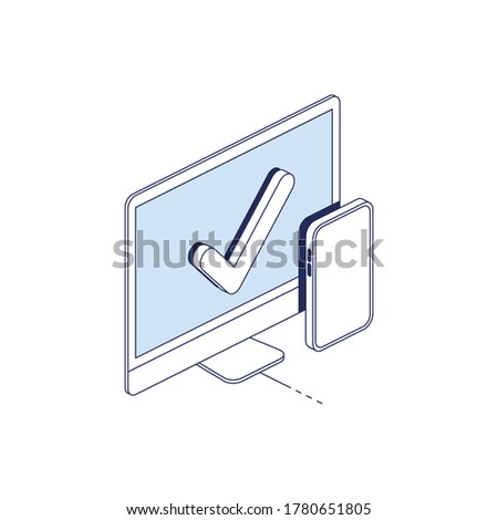 Devices screen checkmark. Vector 3d line isometric, color web icons set, new flat style. Creative illustration, idea for infographics.