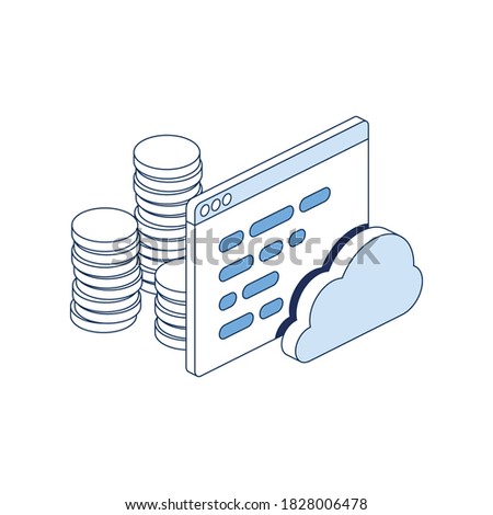 Cloud windows text coins. Vector 3d line isometric, color web icons set, new flat style. Creative illustration, idea for infographics.