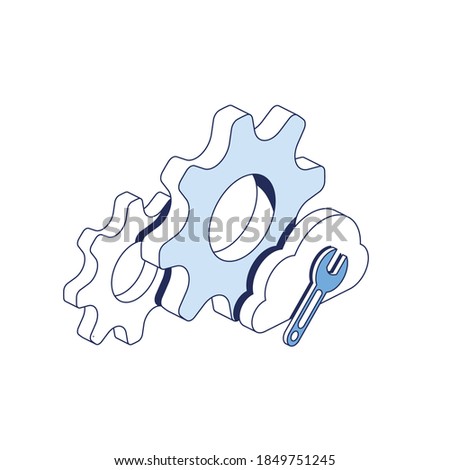 Gears settings cog cloud wrench. Vector 3d line isometric, color web icons, new flat style. Creative illustration, idea for infographics.