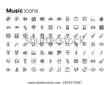 Music, audio and musical instruments. High quality concepts of linear minimalistic flat vector icons set for web sites, interface of mobile applications and design of printed products.