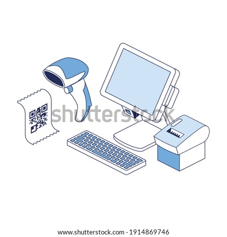 Cash register, scanner, print code. Vector 3d line isometric, color web icons, new flat style. Creative illustration, design idea for infographics.