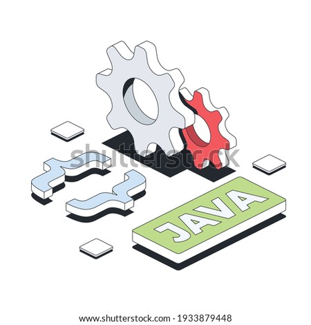 Java development, cog gears, abstract elements. Vector 3d line isometric, color web icons, new flat style. Creative illustration, design idea for infographics.