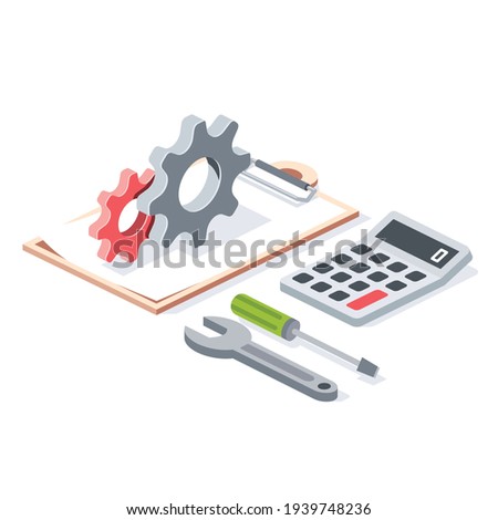 Contract document, calculator, repair service tools, stroke illustration. Vector 3d line isometric, color web icons, new flat style. Creative design idea for infographics.
