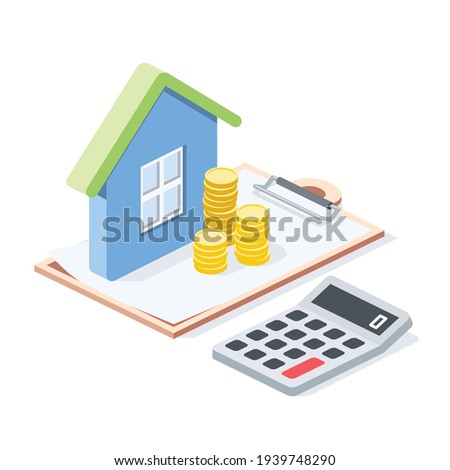 Real estate investment, calculator, coins money, stroke illustration. Vector 3d line isometric, color web icons, new flat style. Creative design idea for infographics.