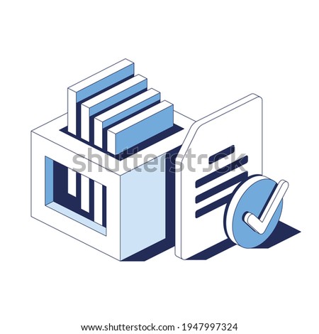 Archive of documents, checkmark, stroke illustration. Vector 3d line isometric, web icons, blue color. Creative design idea for infographics.