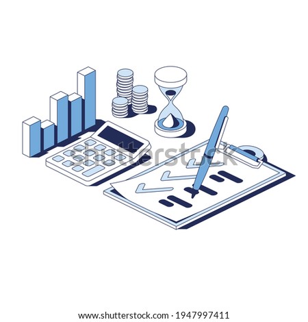 Graph, calculation, document contract, money coins and hourglass time. Vector 3d line isometric, web icons, blue color. Creative design idea for infographics.