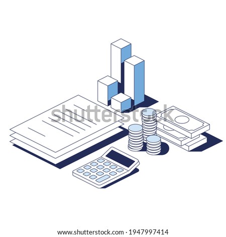 Economics, finance documents, calculations and analytics. Vector 3d line isometric, web icons, blue color. Creative design idea for infographics.