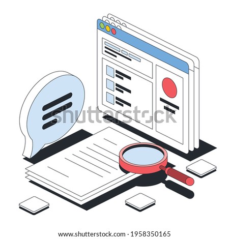 Magnifier search, analytics, documentation, site browser window, bubble chat. Vector 3d line isometric, color web icons, new flat style. Creative design idea for infographics.