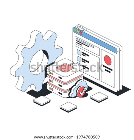 Cloud technology, server tick, box, gear. Vector 3d line isometric, color web icons, new flat style. Creative design idea for infographics.