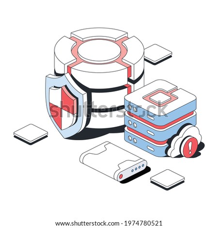 Cloud server, big data, security shield, hard drive. Vector 3d line isometric, color web icons, new flat style. Creative design idea for infographics.