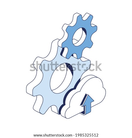 Gears cloud upload arrow up. Vector 3d line isometric, color web icons, new flat style. Creative design idea for infographics.