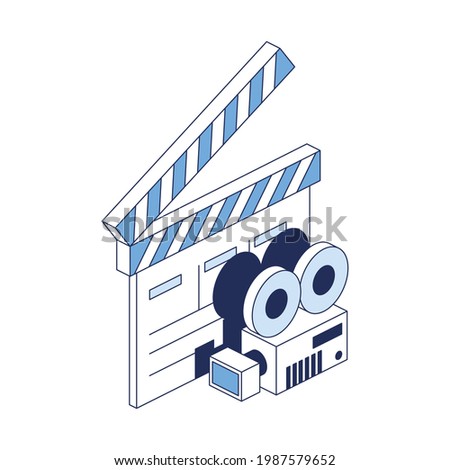 Movie clapper play video camera. Vector 3d line isometric, color web icons, new flat style. Creative design idea for infographics.