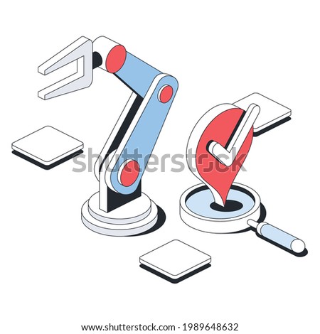 Industrial robot hand searching magnifier, map label, check mark. Vector 3d line isometric, color web icons, new flat style. Creative design idea for infographics.
