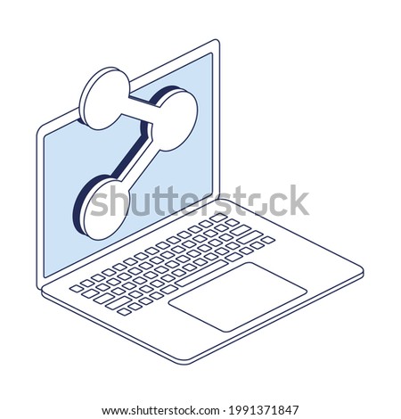 Laptop screen, share symbol. Vector 3d line isometric, color web icons, new flat style. Creative design idea and elements for infographics.