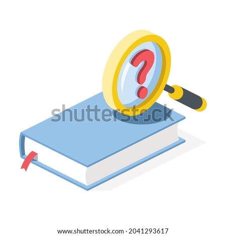 Book search magnifier, question mark. Vector 3d symbol, isometric, color web icons, new flat style. Creative design idea, concept for infographics.