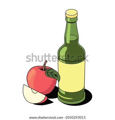 Apple cider bottle. Vector 3d sketch line isometric, color icon illustration, flat style. Creative design idea and elements for infographics and website.