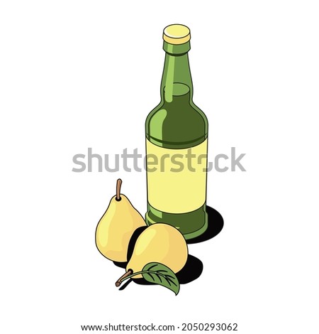 Pear lemonade, cider bottle. Vector 3d sketch line isometric, color icon illustration, flat style. Creative design idea and elements for infographics and website.