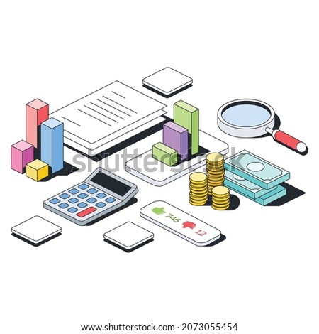 Graph chart, documents and calculator, money, search magnifier, likes dislikes. Vector 3d sketch line isometric style, color icon illustration. Creative design idea and infographics elements.