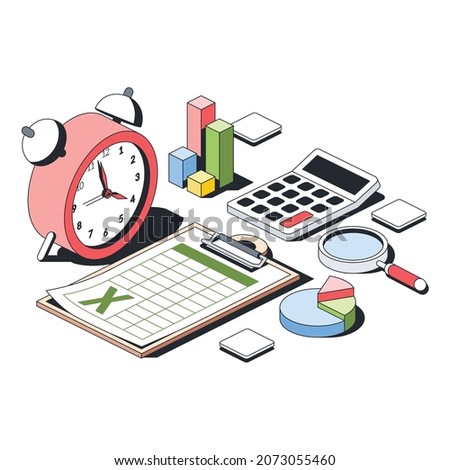 Clock, charts, calculator, Excel table clipboard, magnifier. Vector 3d sketch line isometric style, color icon illustration. Creative design idea and infographics elements.