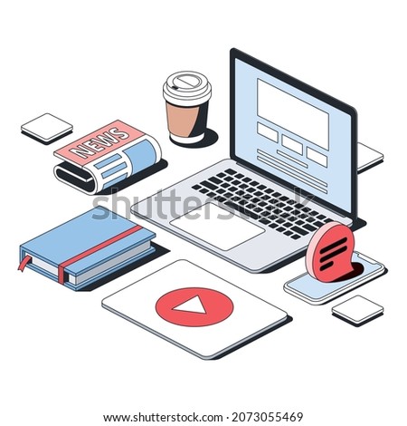 Coffee glass, laptop screen website, newspaper news, sketchbook, video tablet, chatbubble smartphone.Vector 3d sketch line isometric style, color icon illustration. Creative design idea infographic.