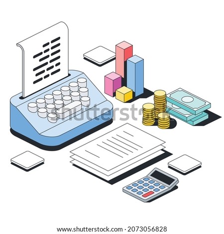 Typewriter, graph chart, money, documents, calculator. Vector 3d sketch line isometric style, color icon illustration. Creative design idea and infographics elements.