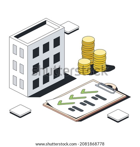House real estate, coins, clipboard, checkmark list. Vector 3d sketch line isometric style, color icon illustration. Creative design idea and infographics elements.