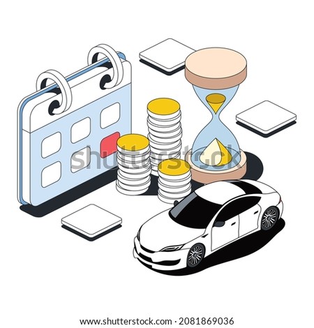 Car rental, coins and hourglass, calendar. Vector 3d sketch line isometric style, color icon illustration. Creative design idea and infographics elements.