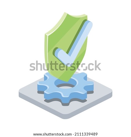 Gear cog shield check mark. Vector 3d line isometric, color web icons, new flat style. Creative design idea for infographics.