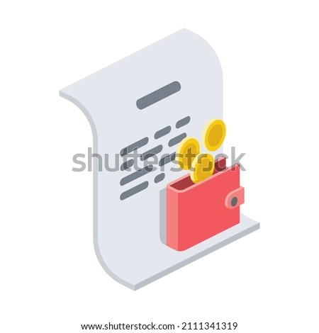 Document сoins purse. Vector 3d line isometric, color web icons, new flat style. Creative design idea for infographics.