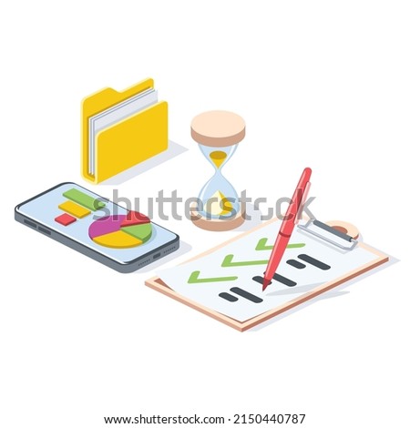 Folder, mobile charts screen, clock, clipboard, check marks. Vector 3d line isometric, color web icons, new flat style. Creative design idea for infographics.