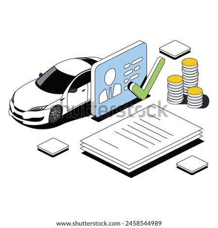 Car and driver's license, checkmark, coins and documents. Vector 3d line isometric, color web icons, new flat style. Creative design idea for infographics.