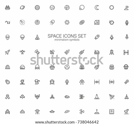 Space, Star stations, Robots and spaceships. Minimalism vector symbols, line icons set for mobile and desktop screens design.