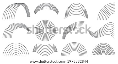 Monochrome black and white rainbow for coloring book for child. Rainbows vector flat symbols isolated on a white background. Spectral shapes. Circle, wave, half and part of the mold