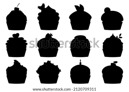 Muffin sweet silhouette collections decorated with cherry, blackberry and mint, candle, lemon, cookie, strawberry. Cupcakes with cream and chocolate set. Pastries sprinkled with tasty crumbs.Vector