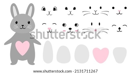 Bunny gray easter little cute cartoon kit set. Collection of design objects funny faces, different emotions, tummies, eyes, mustaches, eyes, noses isolated on white background. Vector illustration