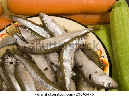 many silver raw fish on yellow plate with orange carrot end green aubergine