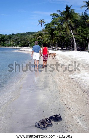 couple walking on beach hand in hand with dog