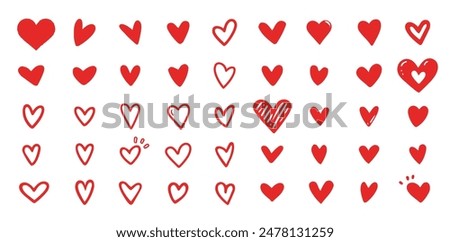 Set of red hearts in different pose. Collection of heart illustration with different style.