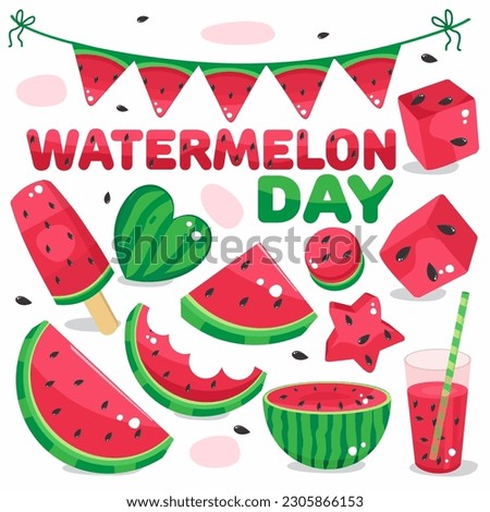 Watermelon Day Vector Clipart. Watermelon slices, holiday flags, watermelon ice cream, juice, watermelon heart, bitten off slice