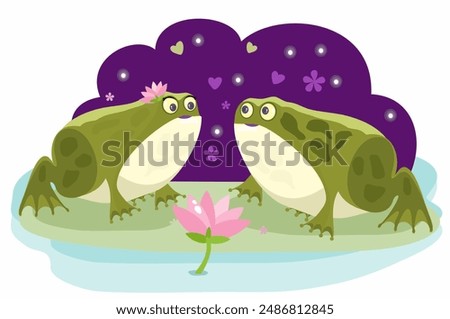 Two toads looking at each other, a pair of frogs, pink lotus flower, night, romance, vector illustration