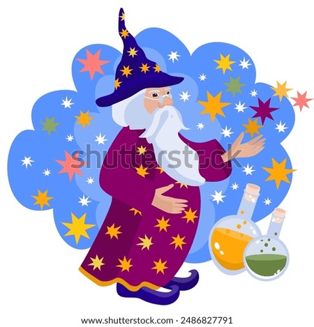 Astrologer, magician, wizard, sorcerer man with a beard, potion, on a blue background with stars. Vector illustration