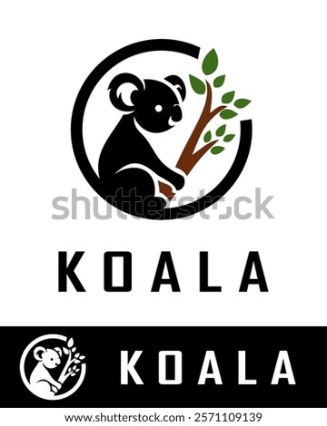 Modern koala logo design featuring a black koala sitting on a tree branch with green leaves