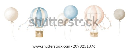 Watercolor Air Balloons set. Aircraft with basket and pennants. Hand painted illustration for Children design in Cartoon style. Vintage old transport with hot air for icon or logo Stock foto © 