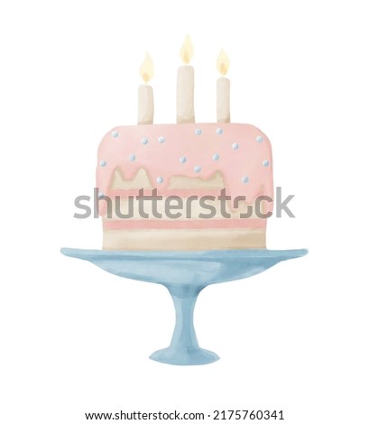 Birthday Cake with Candles. Cute Watercolor illustration in pink and blue Pastel colors. Hand drawn sketch for Wedding or party invitations